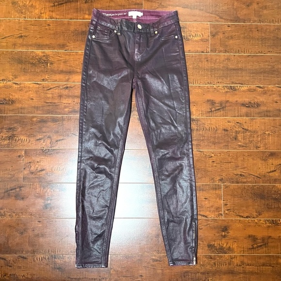 TED BAKER London Wax Oil Coated Denim Burgundy Floral Mid Rise Ankle Zip Size 26 - Picture 3 of 11